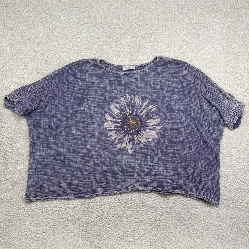 Jess & Jane Mineral Wash Top Cotton Blue Artsy Daisy Gauze Boxy Crop Lagenlook M
